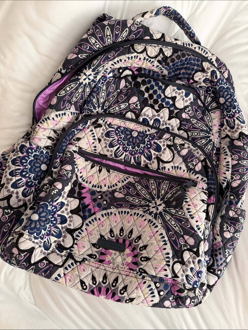 Quilted Floral Pattern Backpack - Purple & Black